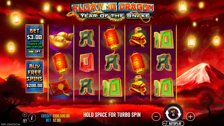 Floating Dragon Year of the Snake 5x3 reel grid - gold-framed reels, red backdrop, coin symbols and lanterns visible at session start
