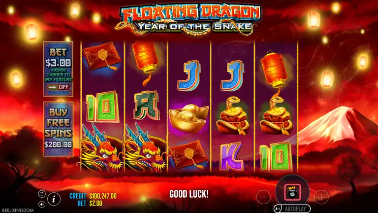 Floating Dragon Year of the Snake spin 406: credit $100,247.00, Dragon scatter on reel 1, 'GOOD LUCK!' on screen