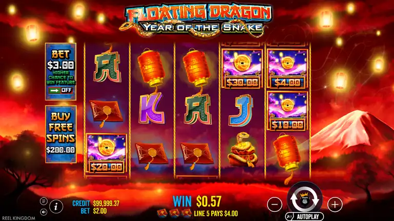 Floating Dragon Year of the Snake spin 860: credit $99,999.37, WIN $0.57, coin face values 30, 4, 10, 20 on reels