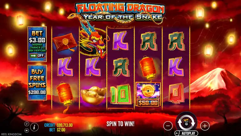 Floating Dragon Year of the Snake spin 1309: credit $99,713.00, Dragon scatter and 50-credit coin on reels, 'SPIN TO WIN!' on screen