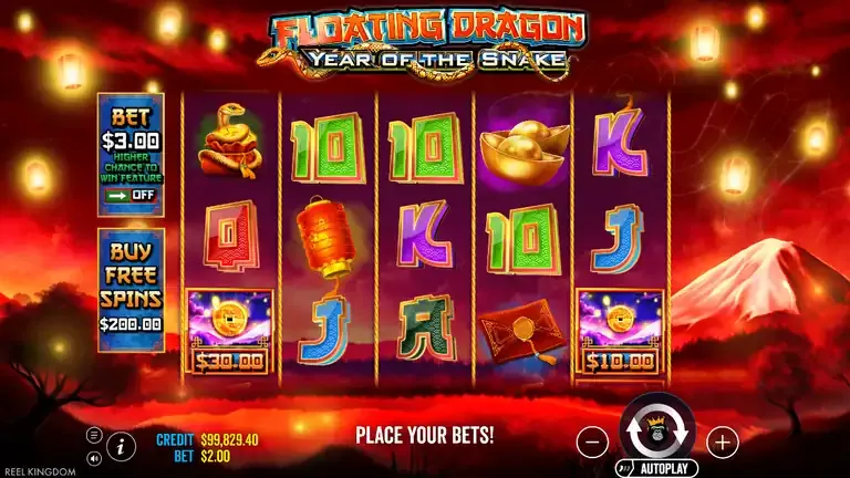 Floating Dragon Year of the Snake final spin 1738: credit $99,831.40, coin face values 20, 10 on reels, 'SPIN TO WIN!' on screen
