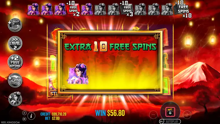 FREE SPINS retrigger: EXTRA 10 FREE SPINS awarded, WIN $56.80 on screen, credit $99,710.20, Level 2 multiplier modifier active on the left panel