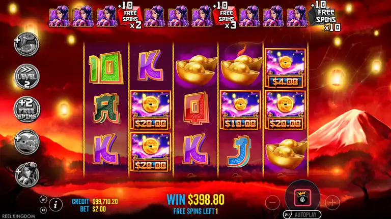 Best bonus final spin: WIN $398.80 on screen (199.4 times $2.00 stake), FREE SPINS LEFT 1, coin face values 20, 10, 20, 4, 20 across reels, credit $99,710.20