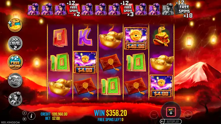 Second-best bonus result: WIN $358.20 on screen (179.1x at $2.00), FREE SPINS LEFT 0, coin symbols $4 and $40 visible on reels 4-5, credit $99,960.00